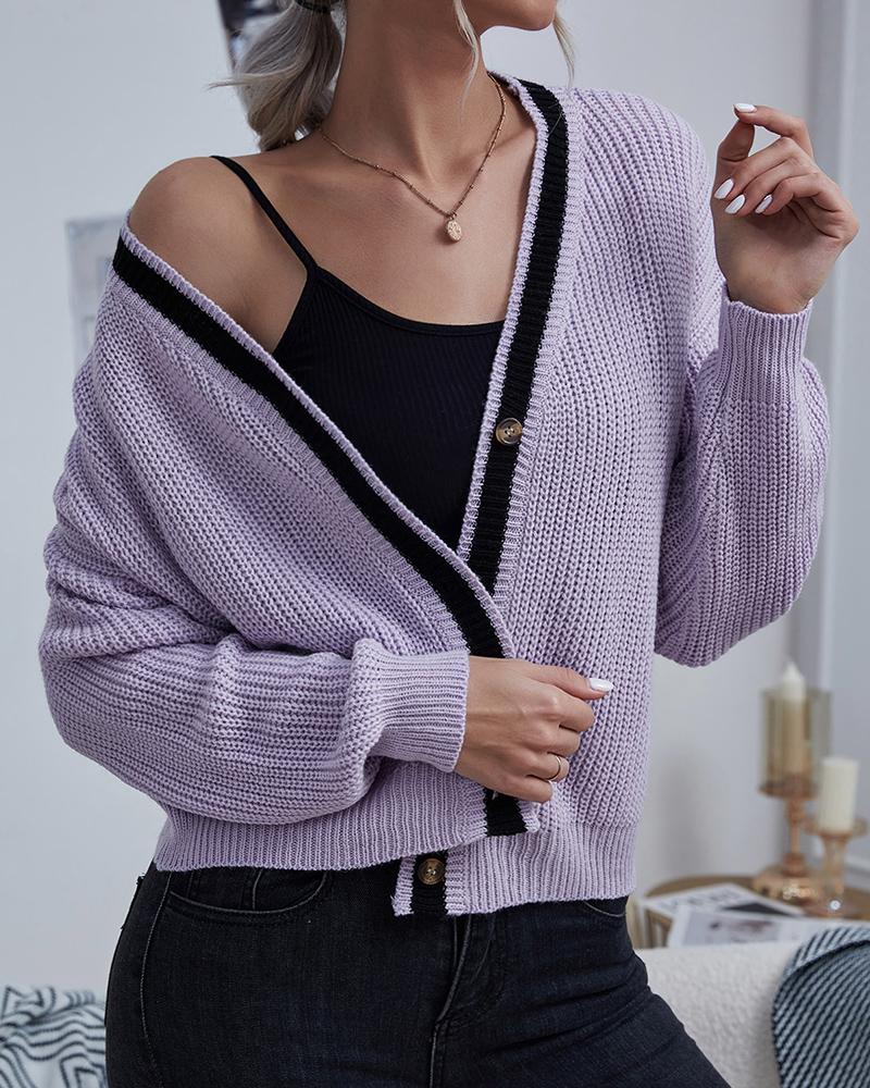 

Button Design Long Sleeve Casual Knit Cardigan, Purple