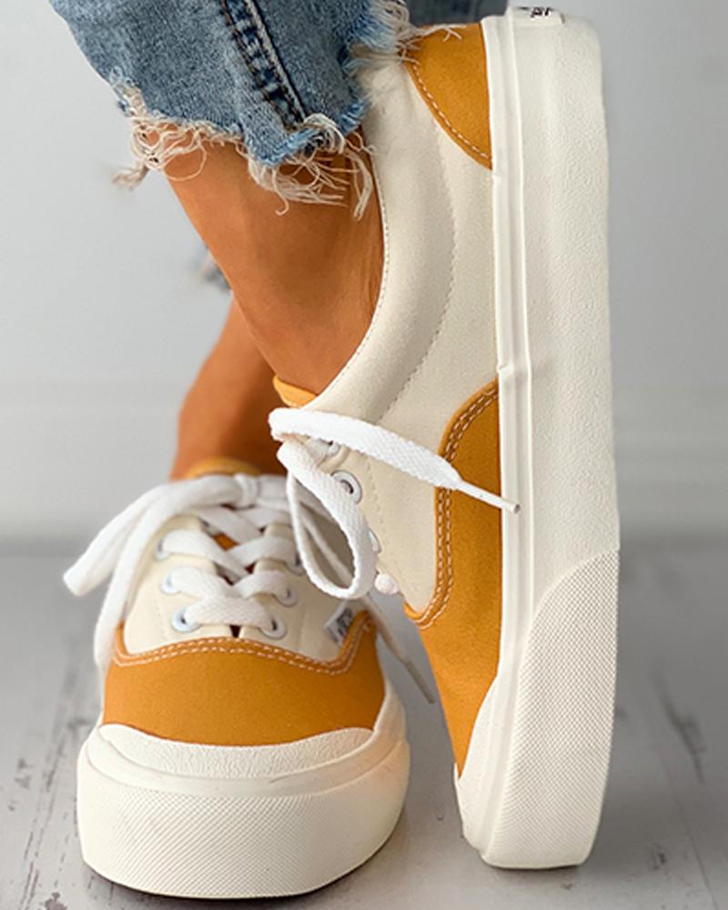 

Eyelet Lace-up Colorblock Casual Canvas Shoes, Yellow