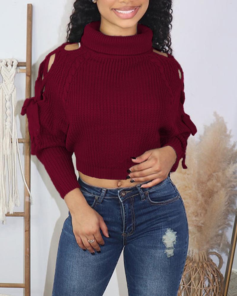 

Turtleneck Long Sleeve Chunky Knit Crop Sweater, Wine red