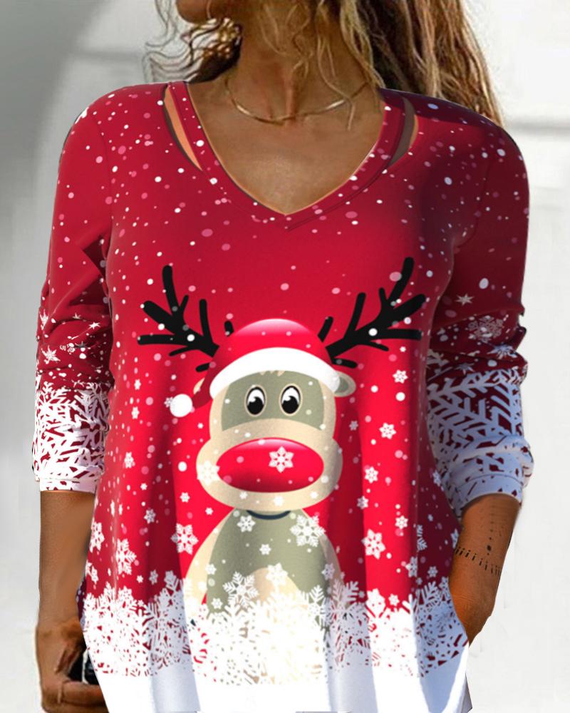 

Christmas Snowflake Elk Print Long Sleeve Top, Red