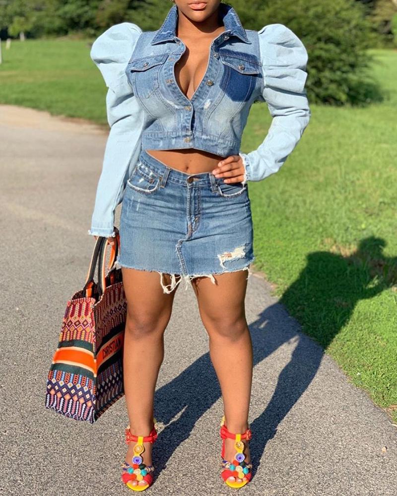 

Denim Puff Sleeve Buttoned Crop Coat, Blue
