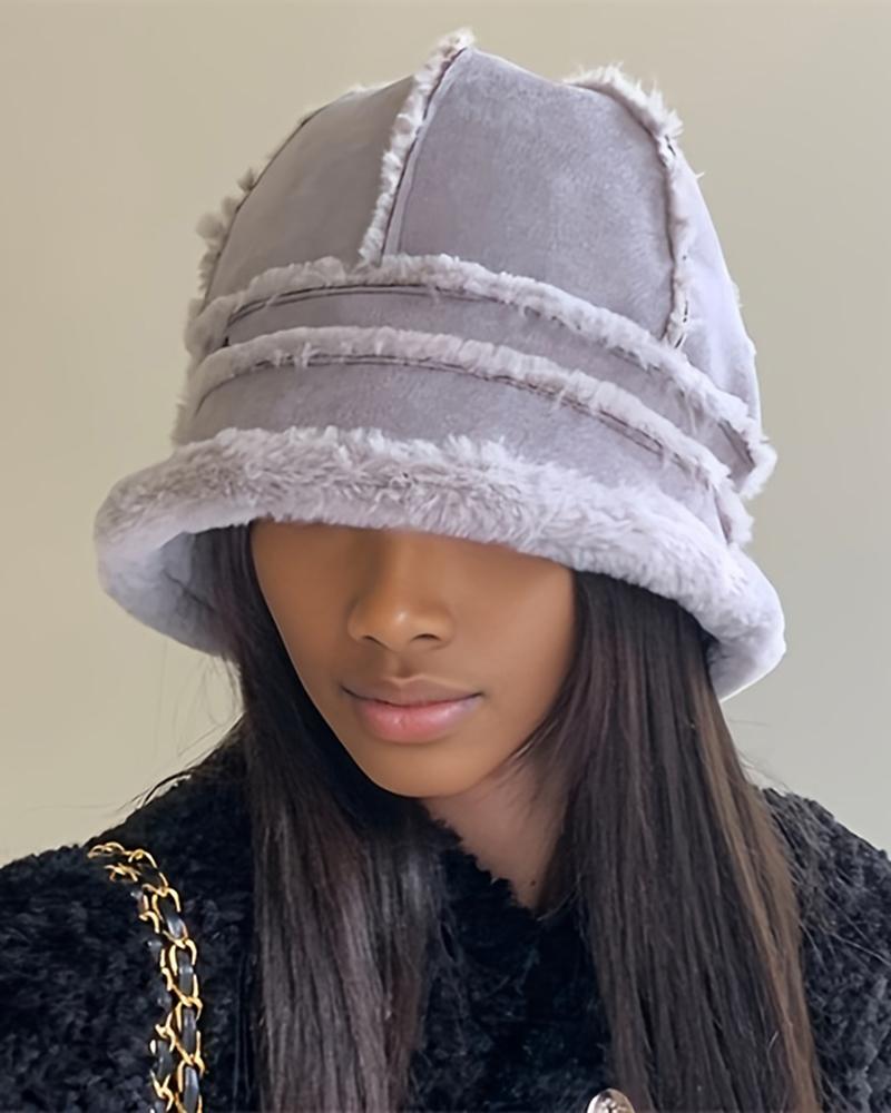 

Faux Fur Piping Winter Thermal Bucket Hat, Gray