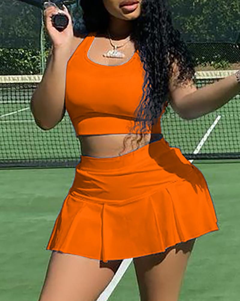 

U-Neck Plain Crop Tank Top & Skirts Set, Orange