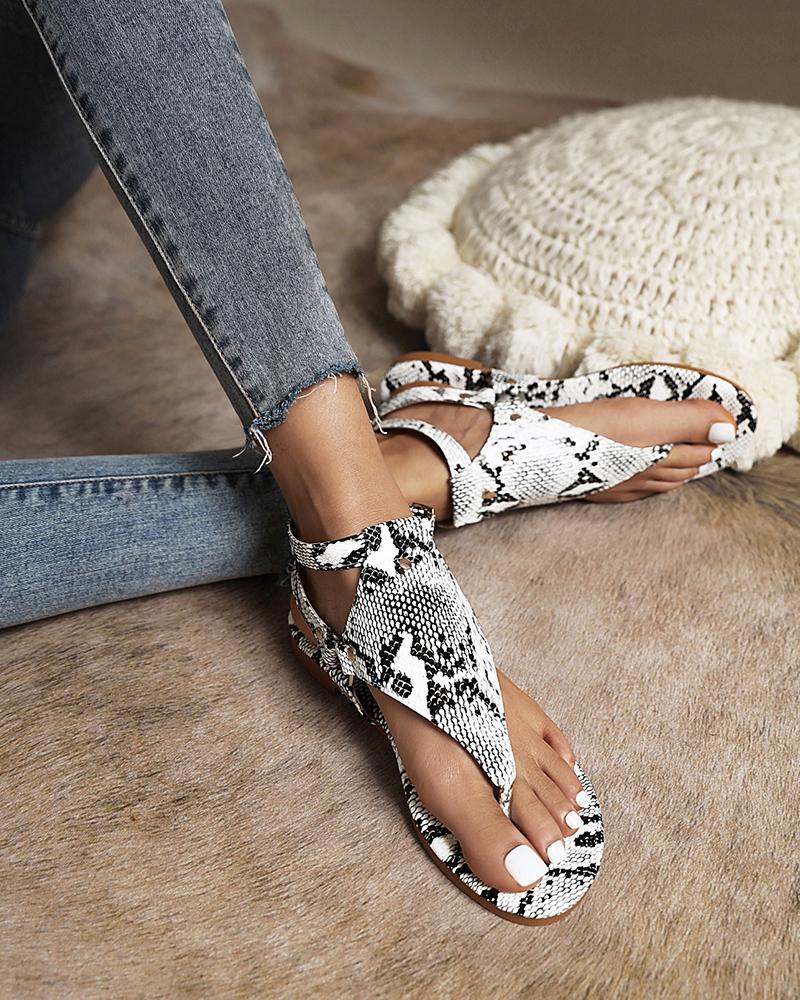 

Round-toe Camouflage Print Toe Post Flat Sandals, White