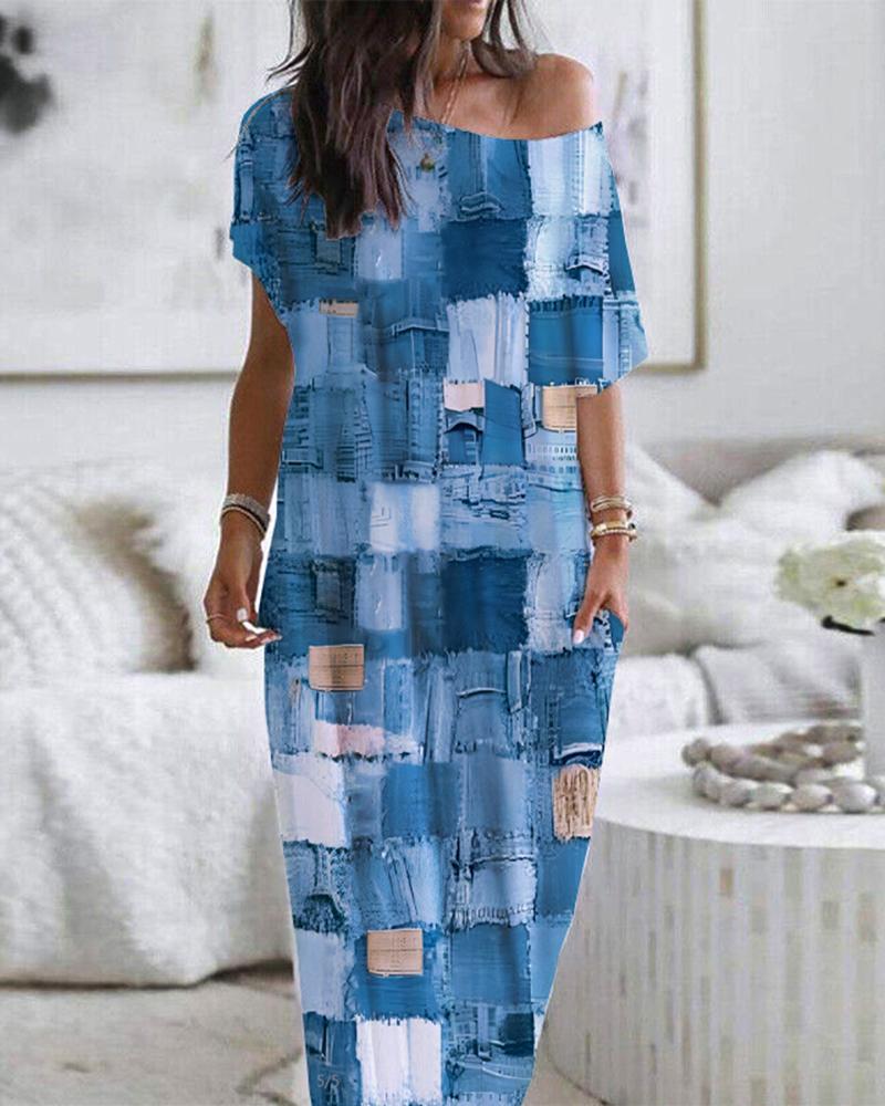 

Denim Print Short Sleeve Cold Shoulder Maxi Dress, Blue