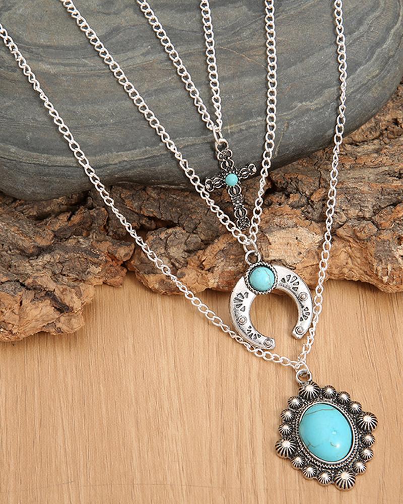 

1pcs Multi-layer Bohemian Geometric Turquoise Necklace, Silver