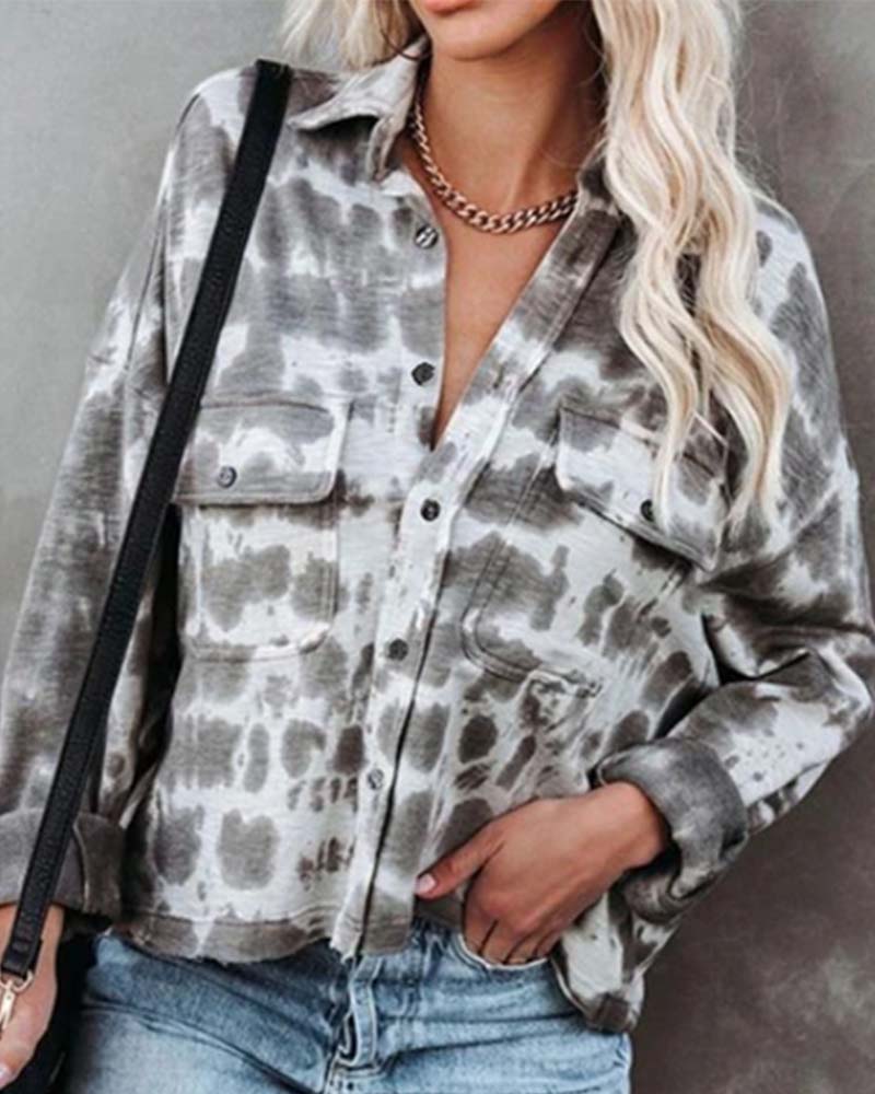 

Tie Dye Flap Detail Drop Shoulder Button Up Top, Gray