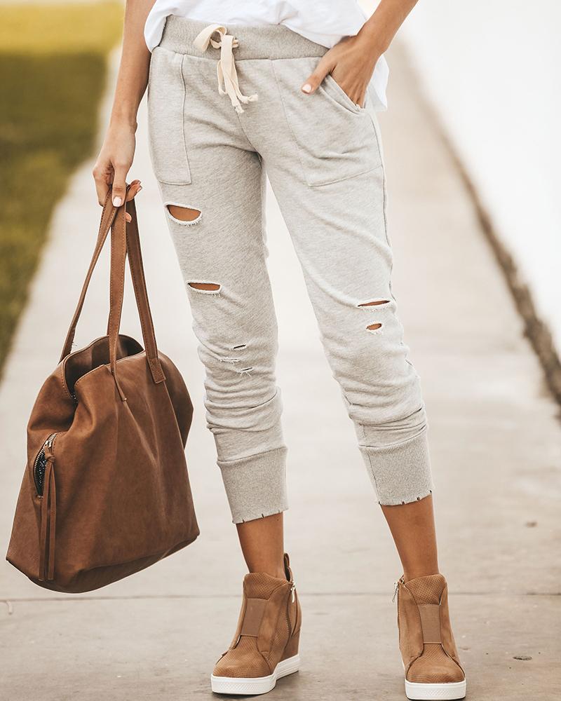 

Drawstring Ripped Slim Fit Sweatpants, Gray