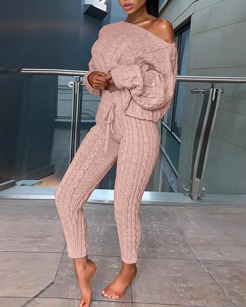 

Batwing Sleeve Knit Braided Sweater & Drawstring Pants Set, Pink
