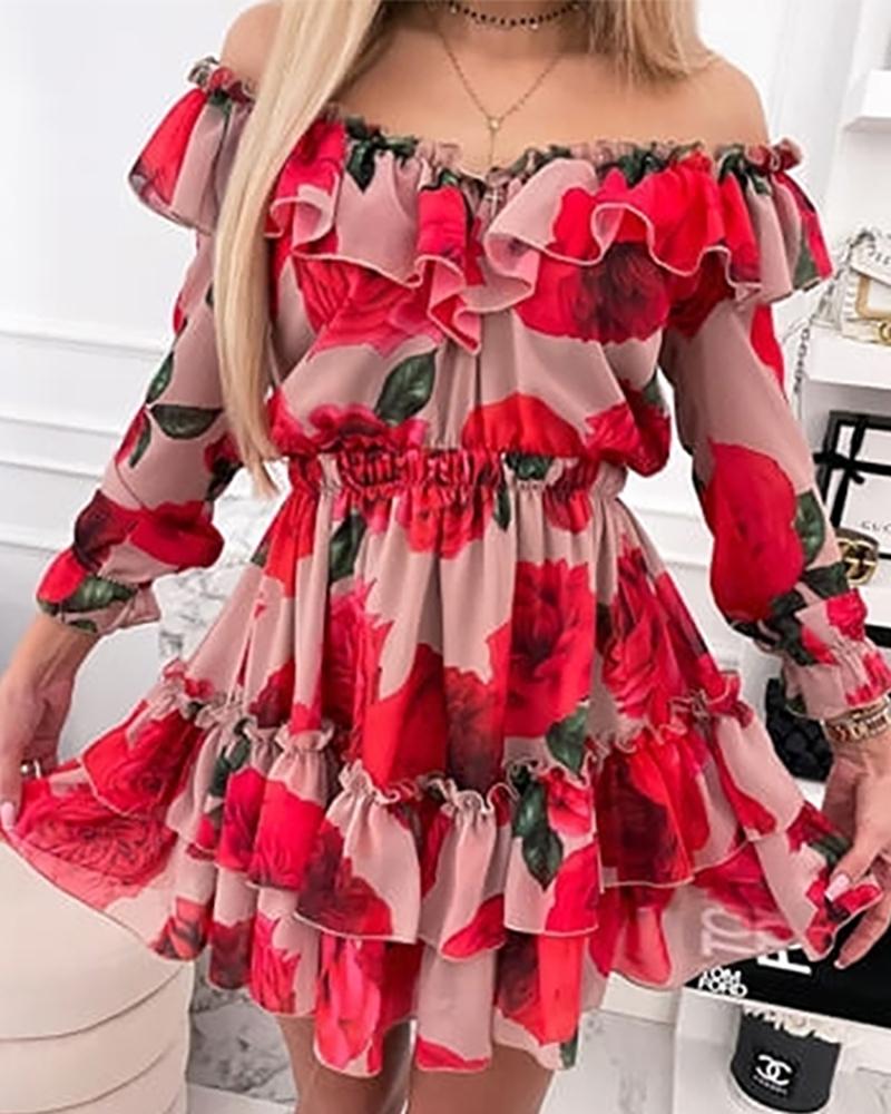 

Floral / Heart Print Off Shoulder Layered Ruffles Dress, Style1