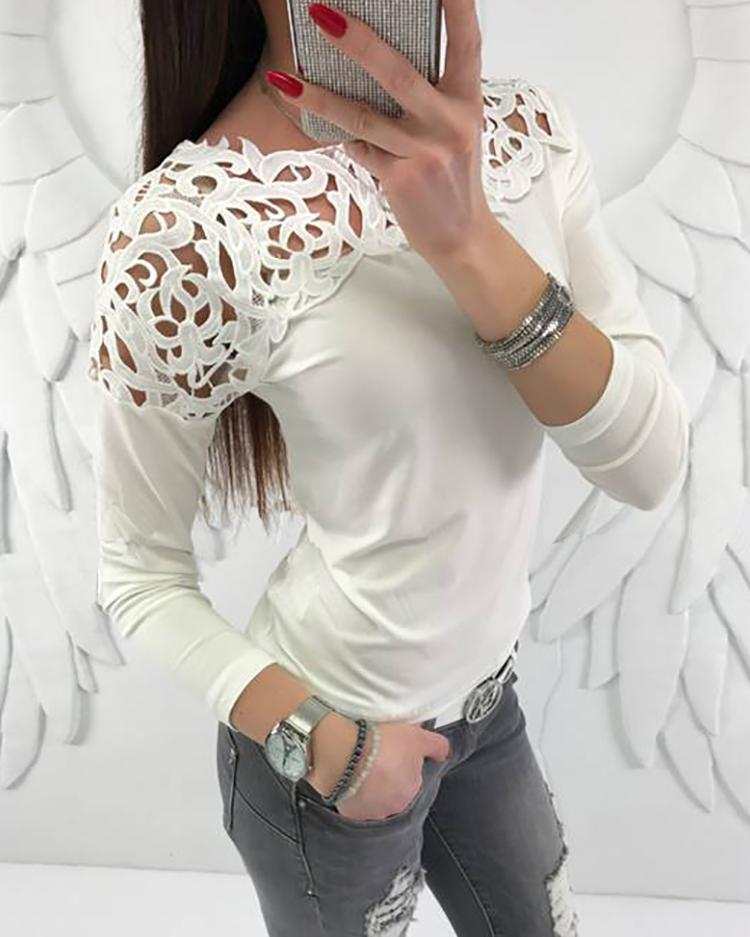 

Casual Solid Color Hollow Out Blouses, White