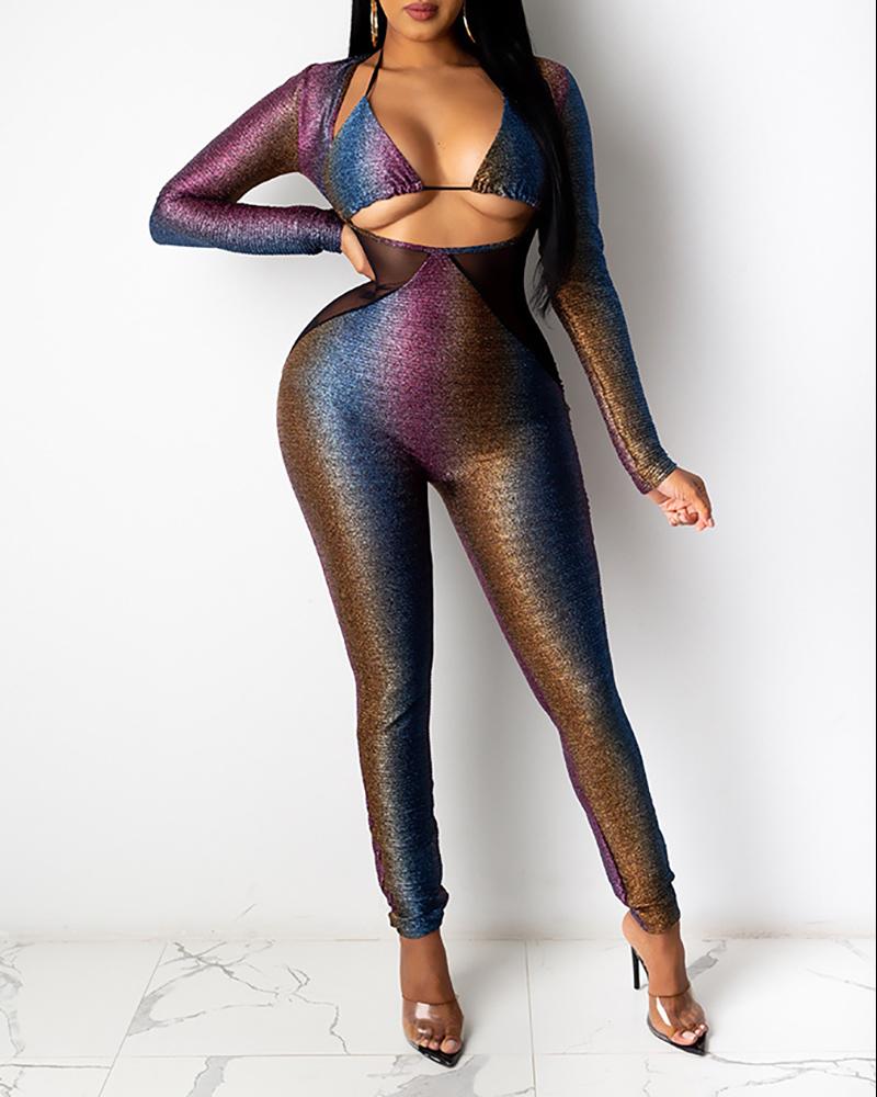 

Ombre Colorblock Cutout Sheer Mesh Long Sleeve Jumpsuit, Blue