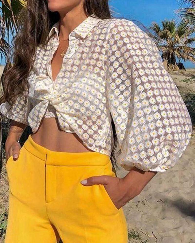 

Floral Sheer Loose Shirt, White