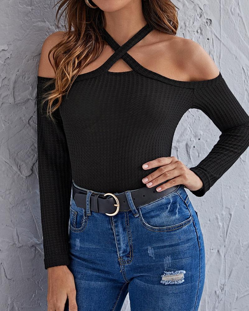 

Asymmetrical Neck Long Sleeve Skinny Knit Top, Black