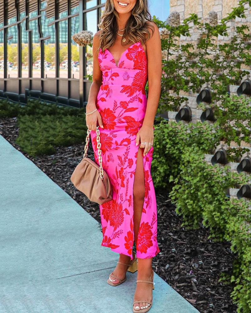 

Floral Print High Slit Cami Dress, Hot pink