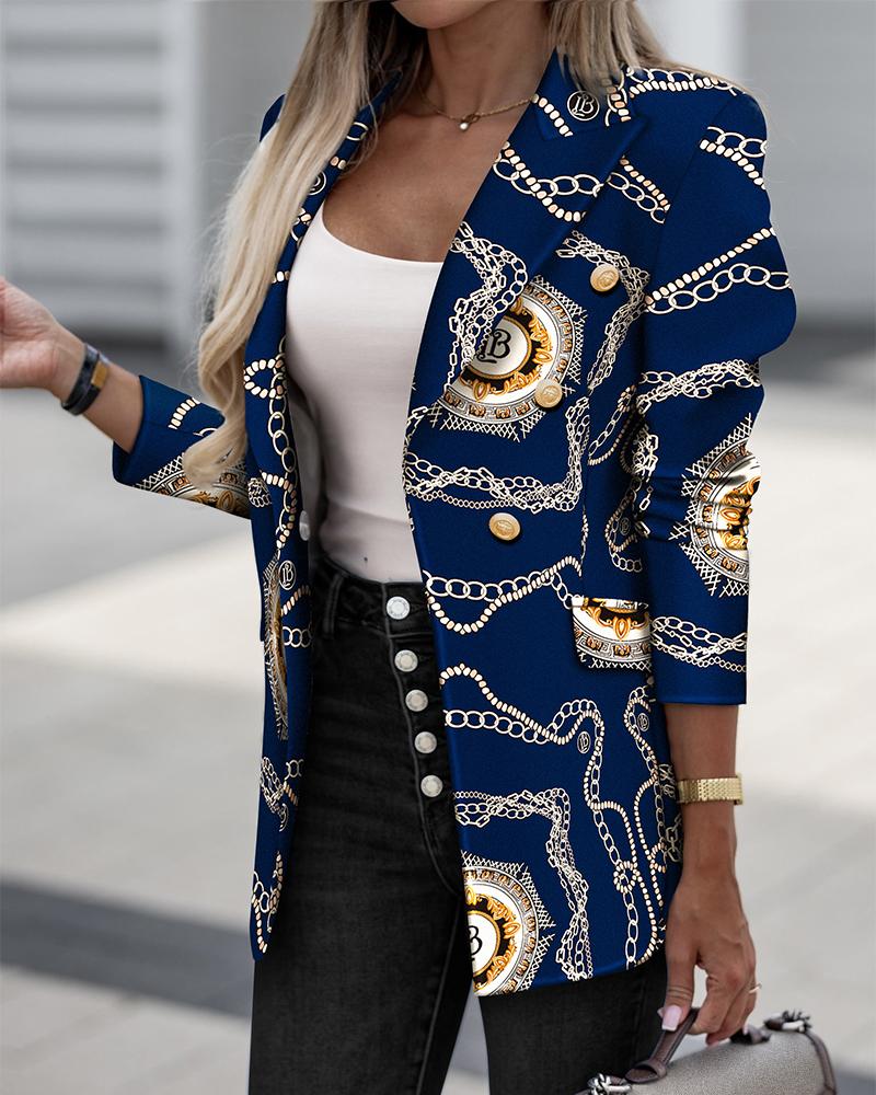 

Scarf Chain Print Long Sleeve Double Breasted Blazer, Blue