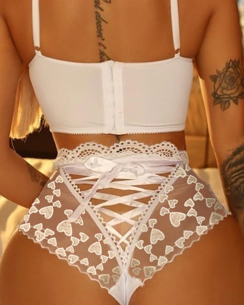 

Heart Pattern Lace-up Sheer Mesh Panty, White
