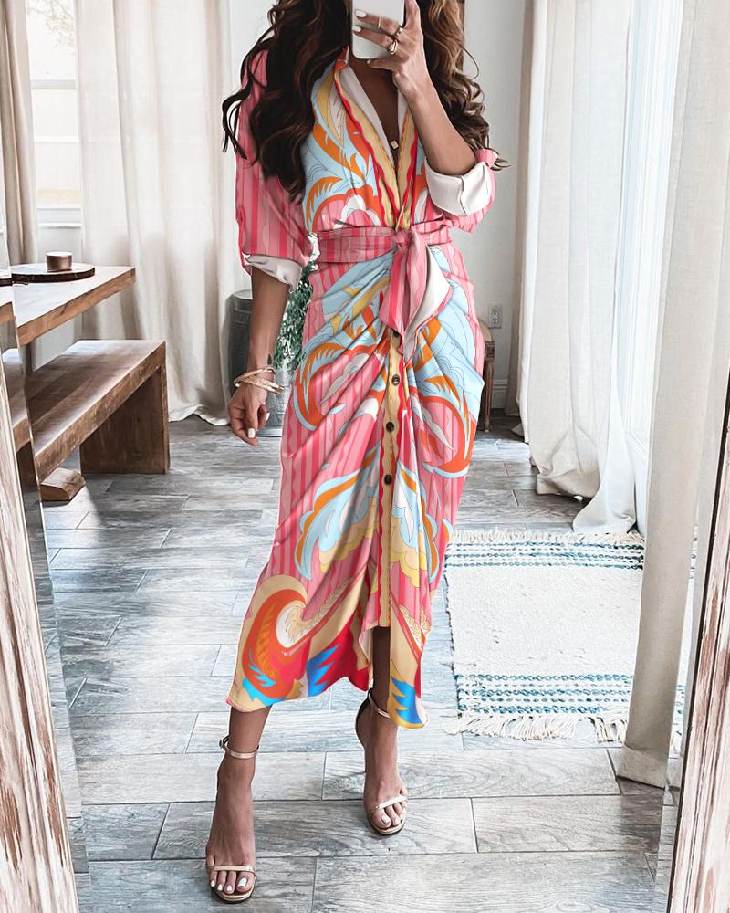 

Abstract Print Long Sleeve Button Front Self Tie Shirt Dress, Multicolor