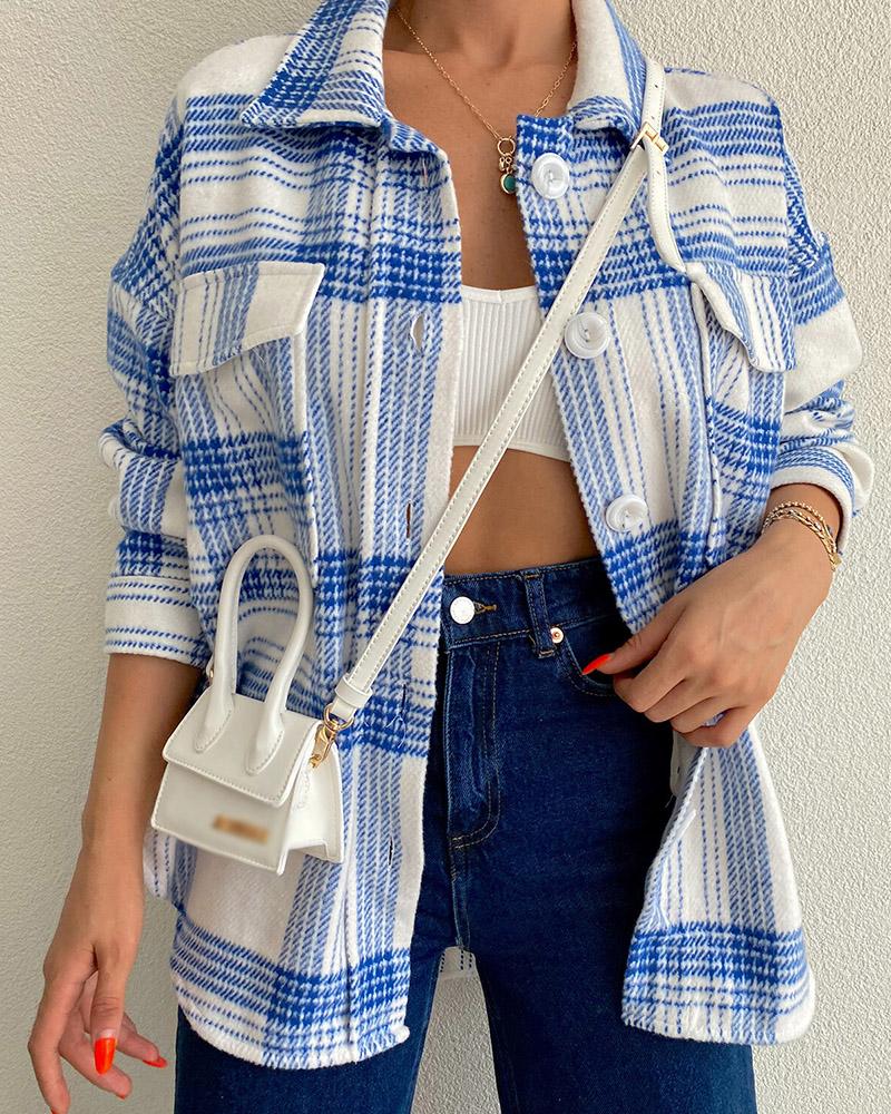 

Plaid Print Button Front Pocket Shacket, Blue