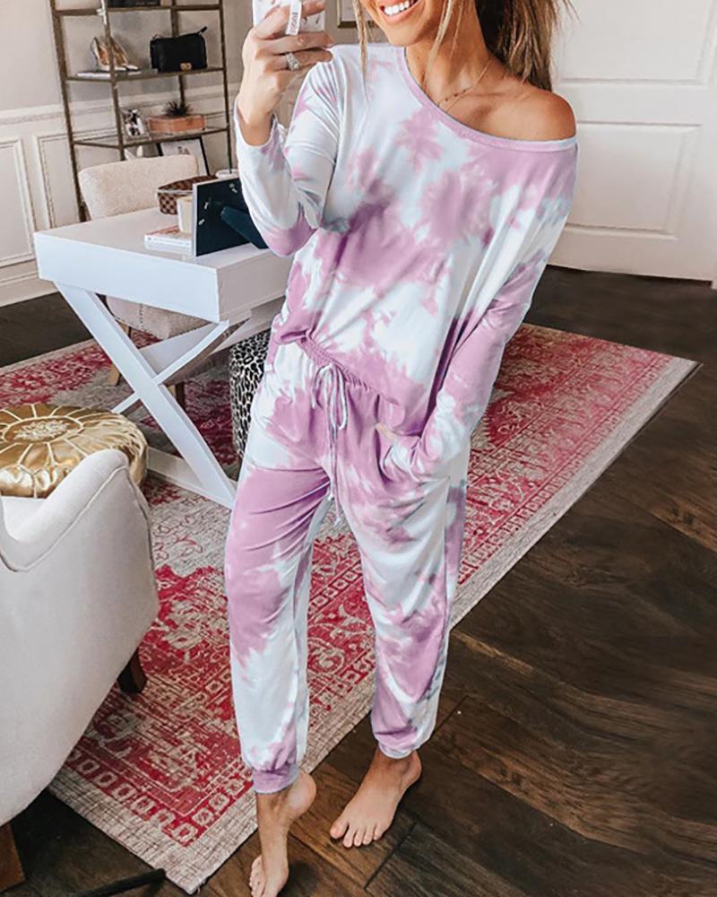 

Tie Dye Print Round Neck Pockets Top & Pants Set, Pink