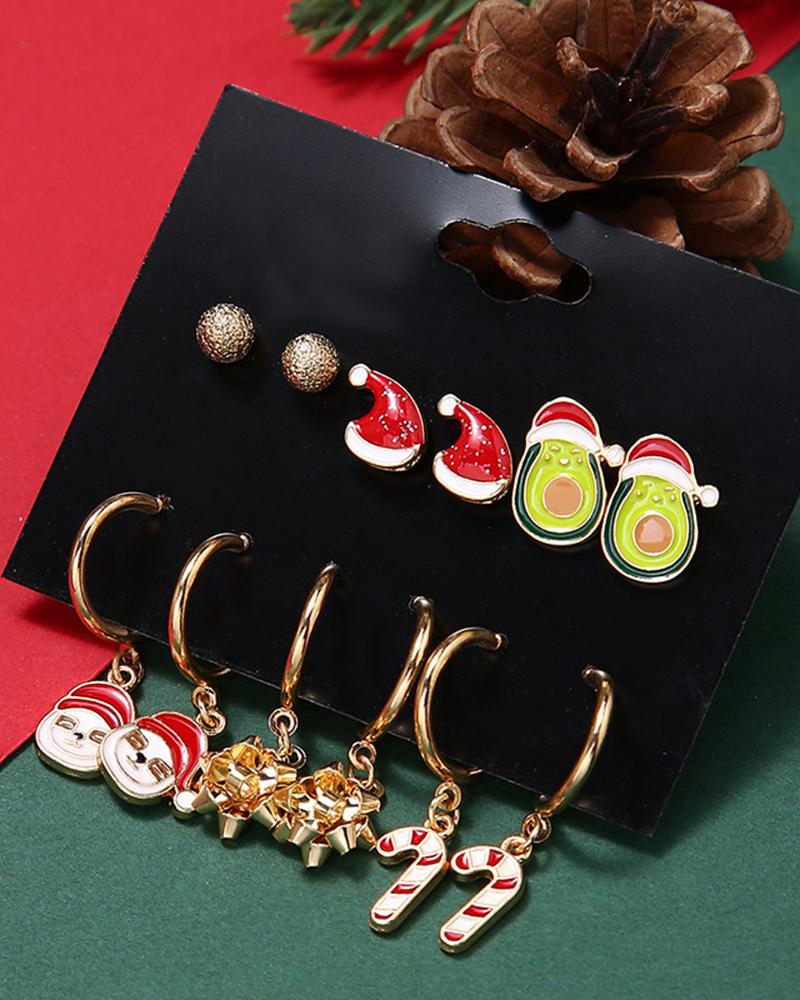 

6Pairs Christmas Santa Hat Candy Canes Cartoon Earrings Set, Red