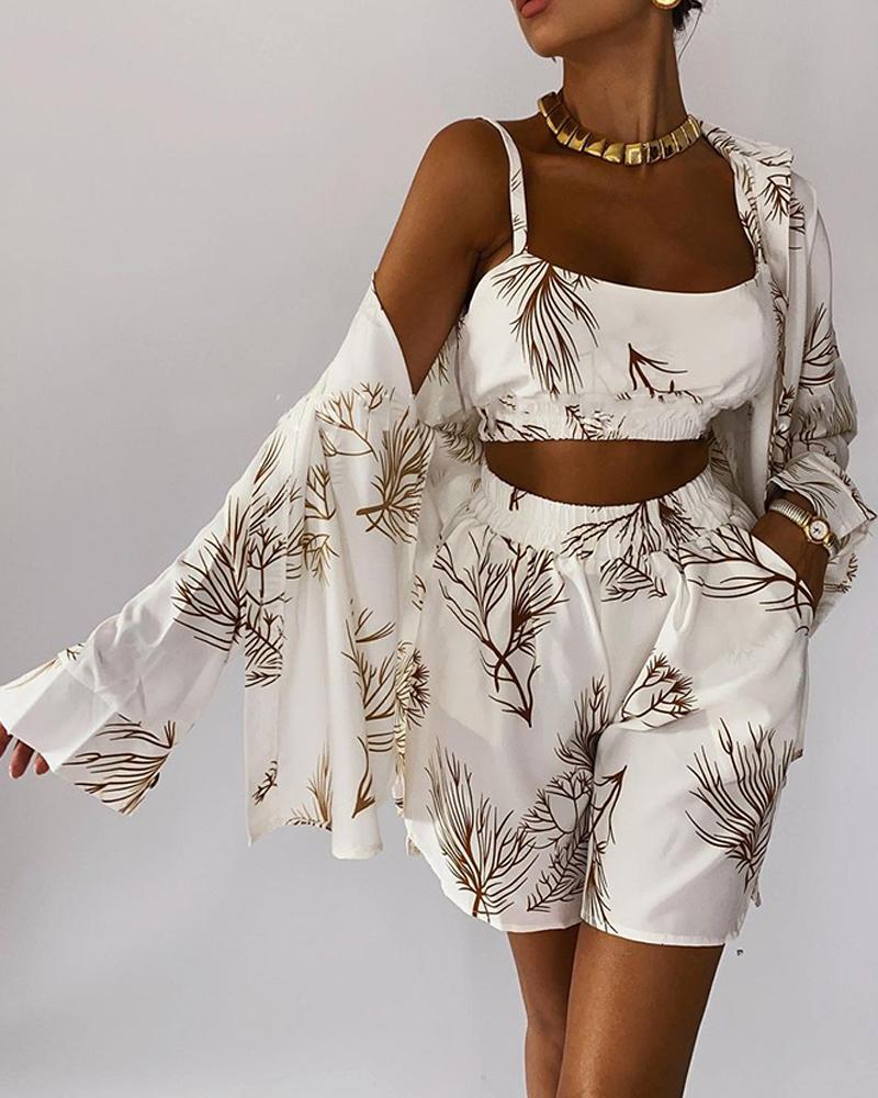 

All Over Print Spaghetti Strap Tank And Shorts With Shirt Suit Sets, Apricot