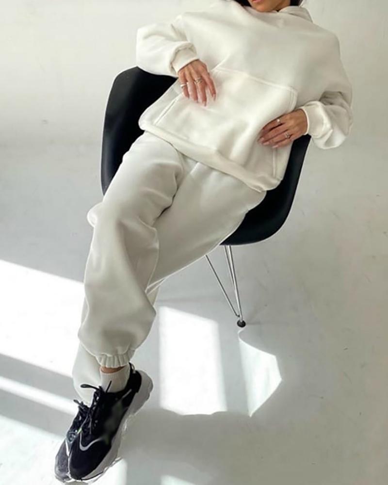 

Long Sleeve Pocket Design Hooded Sweatshirt & Cuffed Pants Set, White