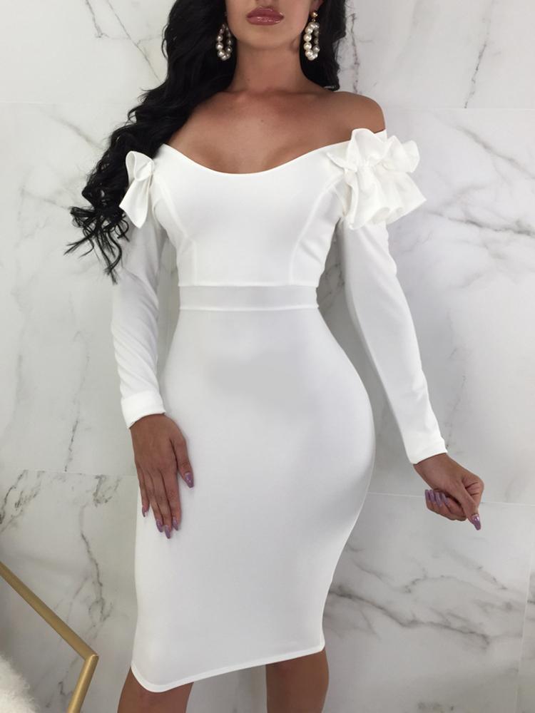 

Solid Frill Design Off Shoulder Bodycon Dress, White