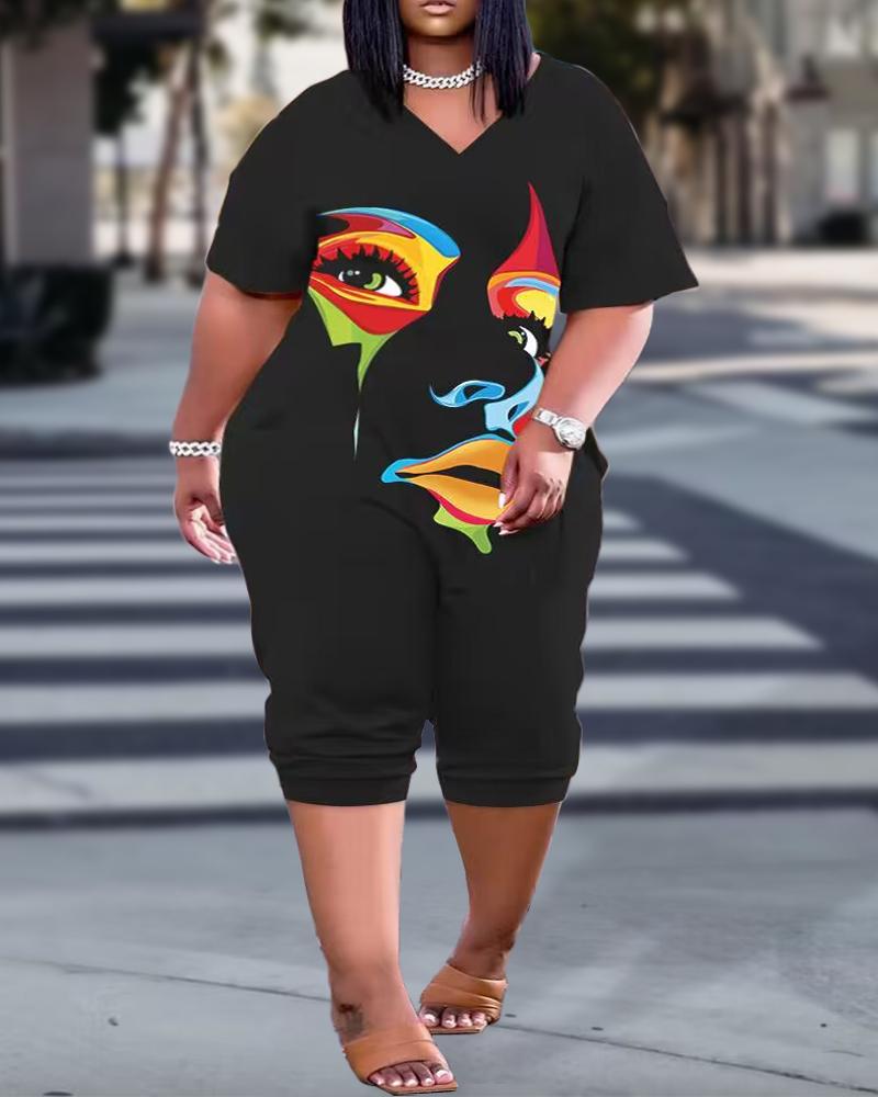 

Plus Size Figure Print Short Sleeve Jumpsuit, Black
