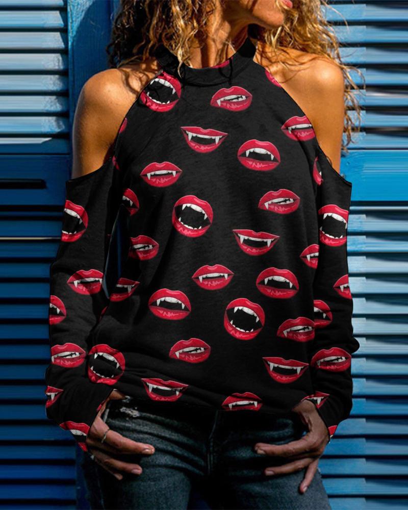 

Halloween Lip Print Cold Shoulder Top, Black