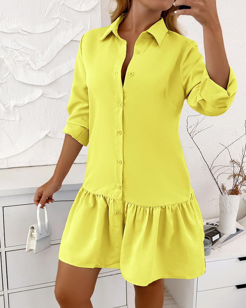 

Long Sleeve Buttoned Ruffle Hem Shirt Dress, Yellow