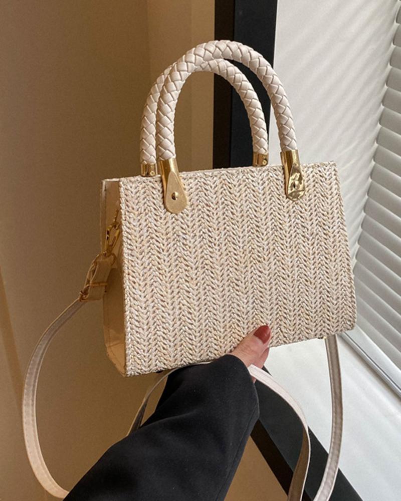 

Braided Straw Satchel Bag, White