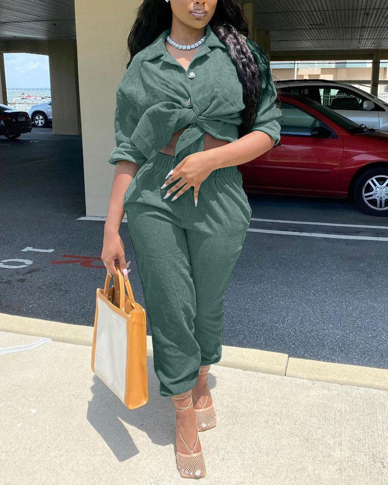 

Corduroy Knot Button Front Top & Pants Set, Green