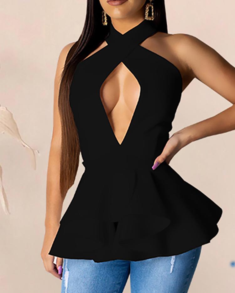 

Crisscross Halter Open Back Ruched Blouse, Black
