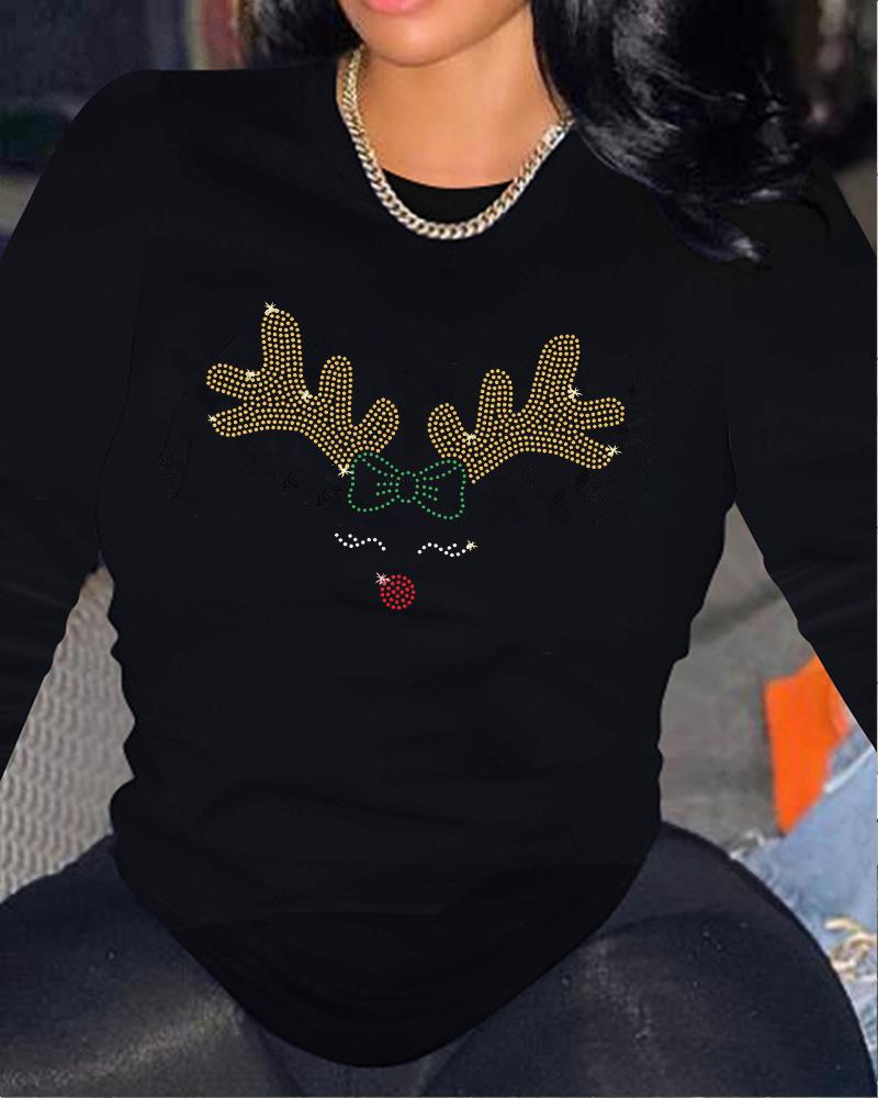 

Plus Size Christmas Rhinestone Elk Pattern Long Sleeve Top, Black