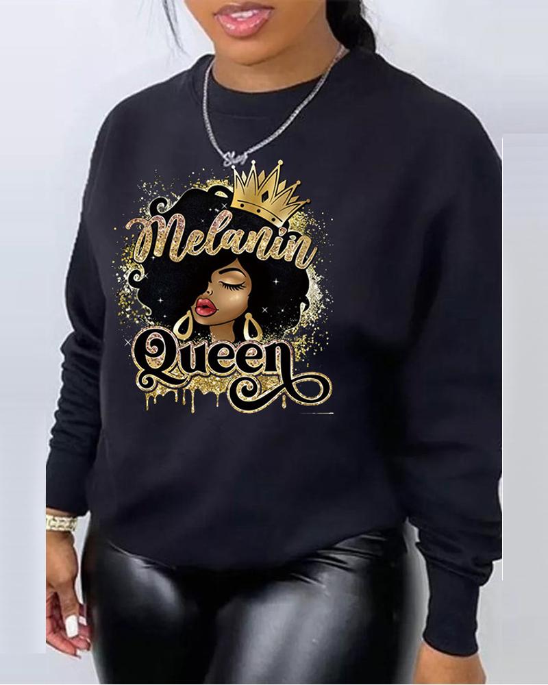 

Plus Size Figure Letter Print Long Sleeve Sweatshirt, Black