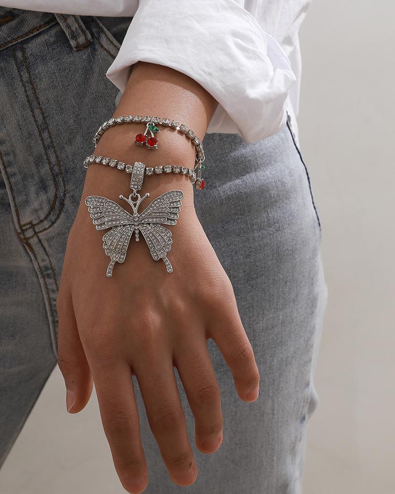

Butterfly & Cherry Decor Studded Bracelet, Silver