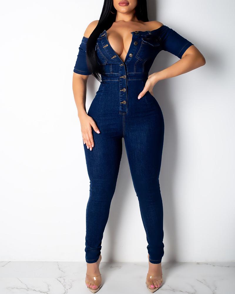 

Off Shoulder V-Cut Button Front Denim Jumpsuit Plain Short Shoulder Skinny Jumpsuit, Blue