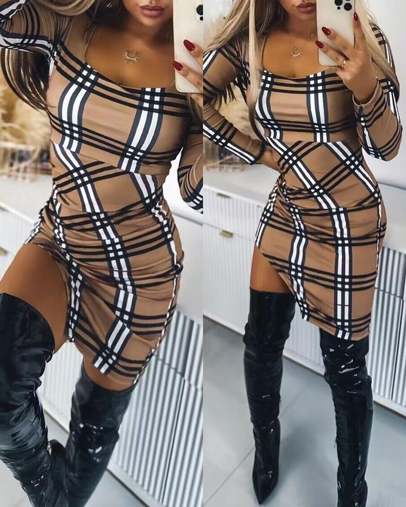 

Plaid Print Slit Long Sleeve Dress, Khaki