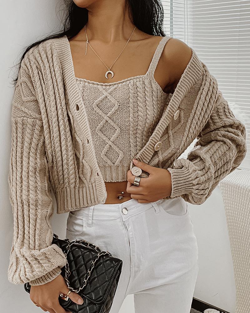 

Braided Buttoned Crop Cardigan With Cami Top, Apricot