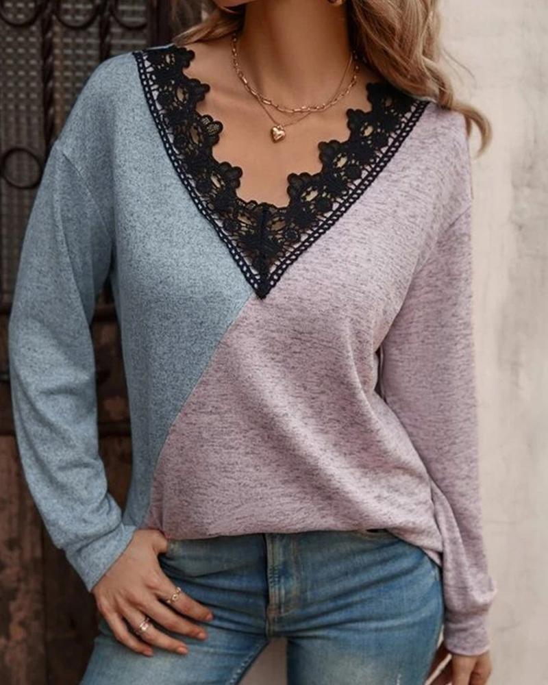 

Lace Patch Colorblock Long Sleeve Top, Blue