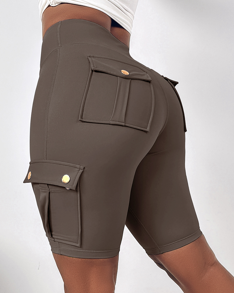 

Pantalones cortos de yoga deportivos con diseño de bolsillo de secado rápido fruncido, Khaki