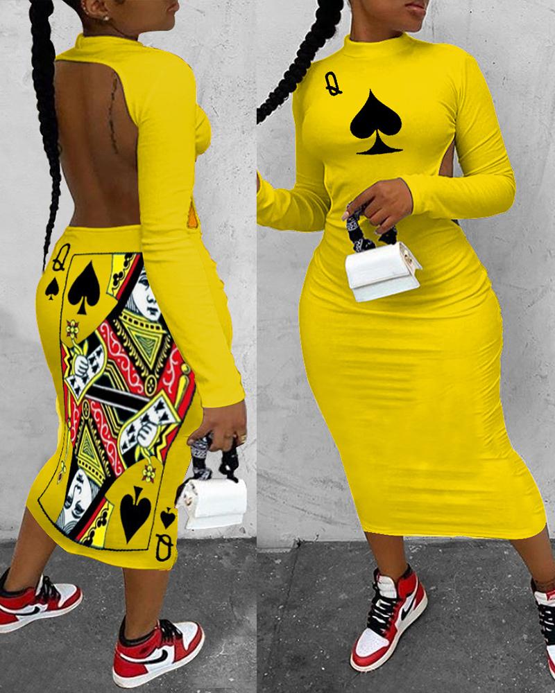 

Poker Print Backless Long Sleeve Dress, Yellow