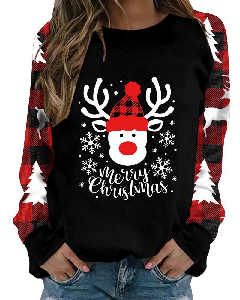 

Christmas Tree Elk Plaid Print Casual Top, Black