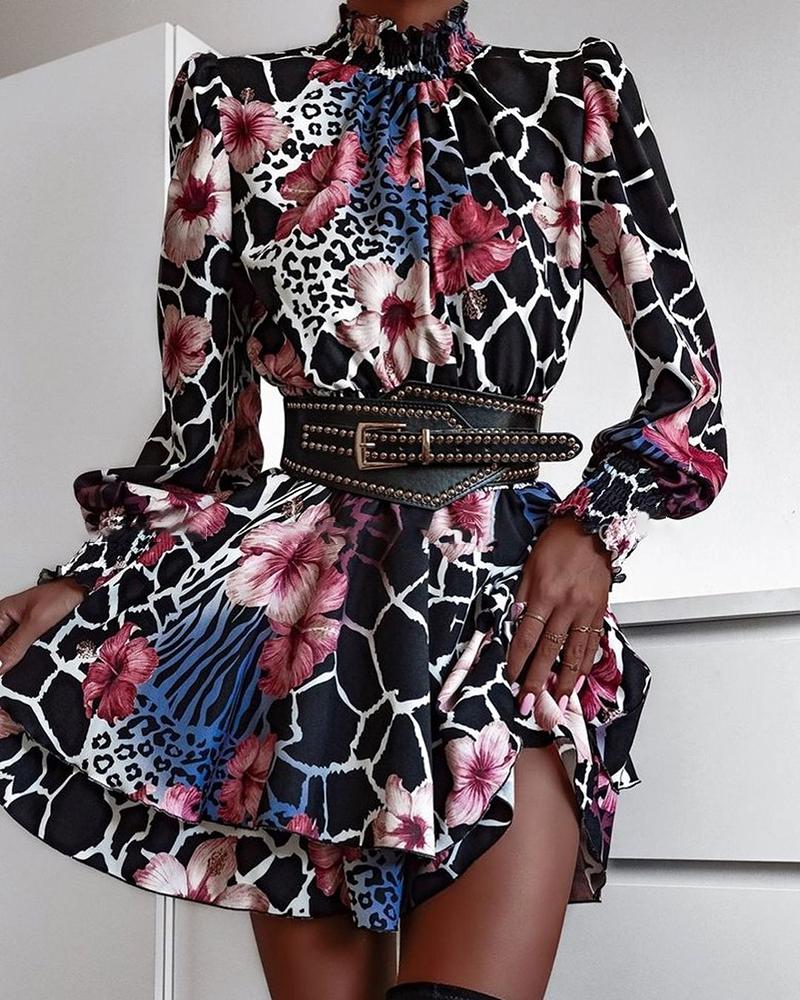 Floral Abstract Cheetah Print Puff Sleeve Dress