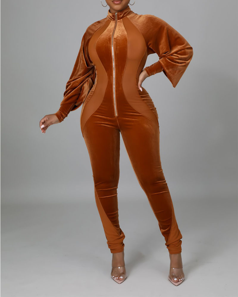 

Contrast Mesh Zipper Front Lantern Sleeve Skinny Jumpsuit, Brown
