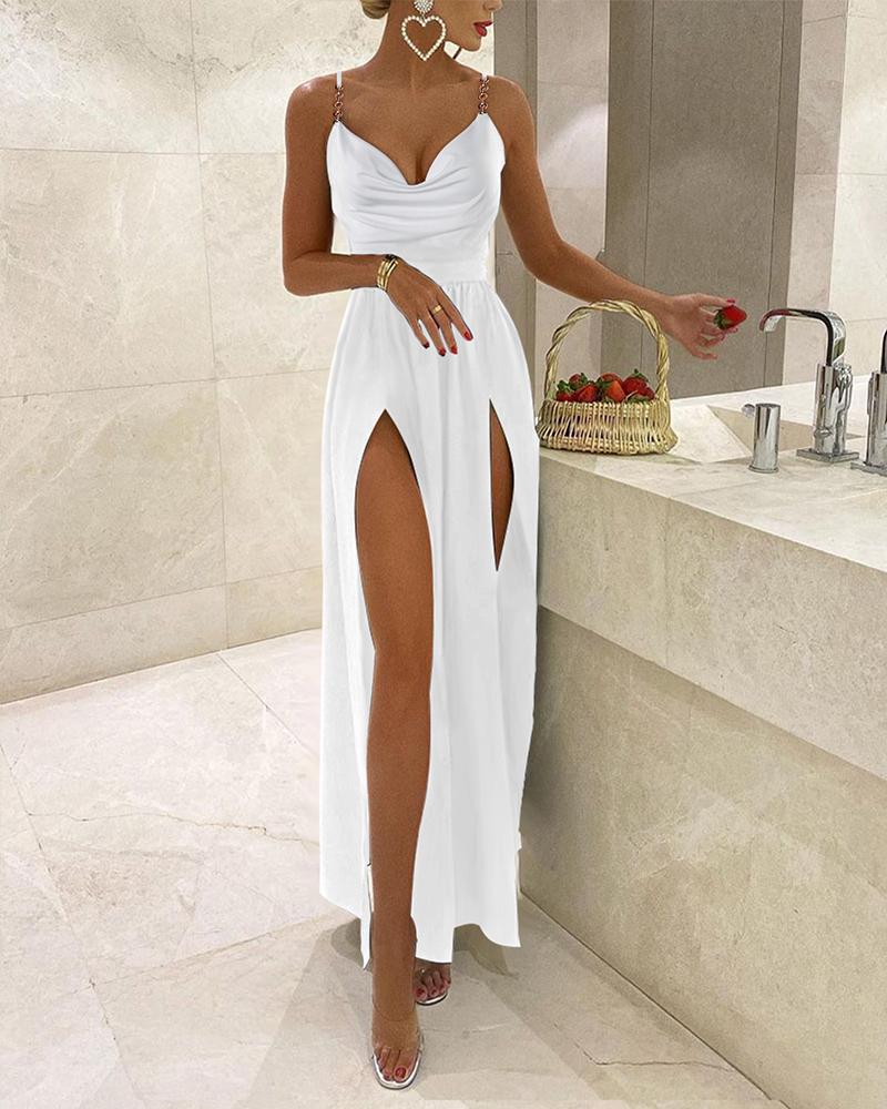 

Chain Decor Cowl Neck High Slit Dress, White