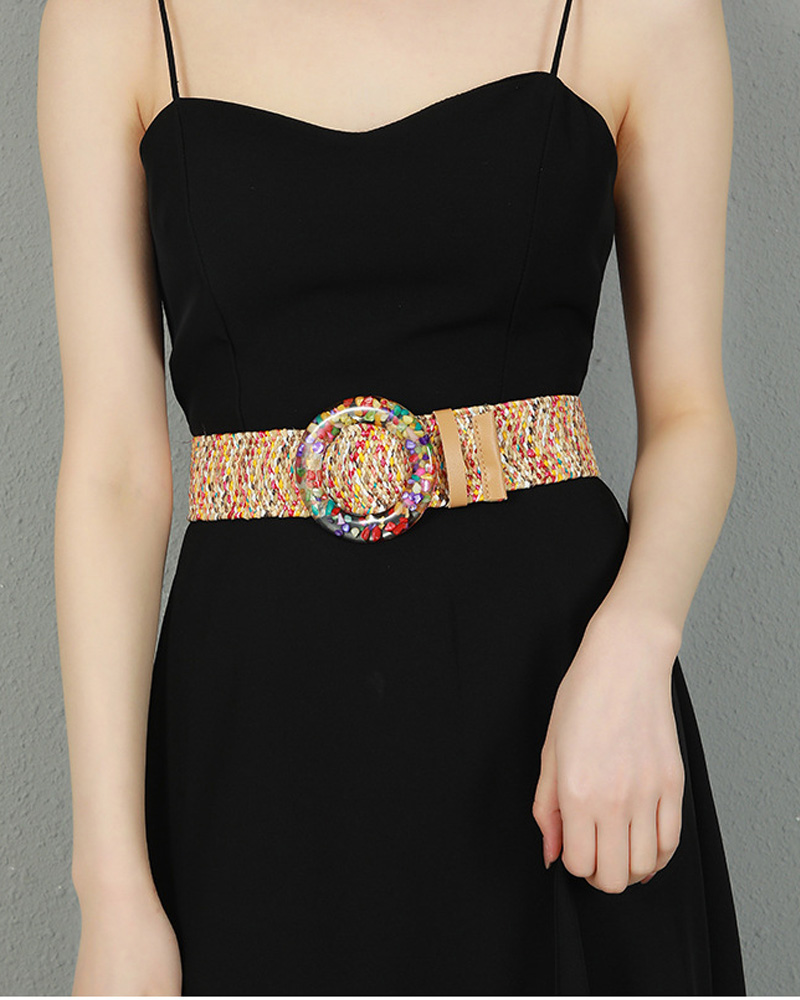 

1pc Colorblock Round Buckle Straw Belt, Multicolor