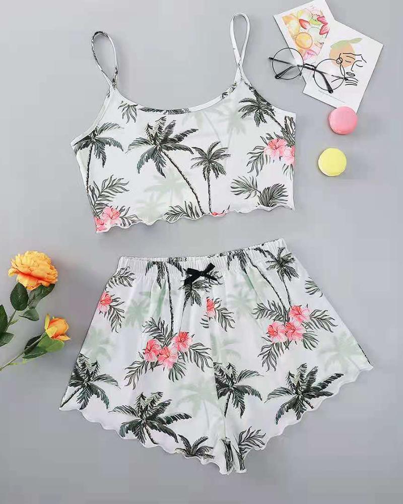 

Tropical Print Bow Decor Cami Set, White