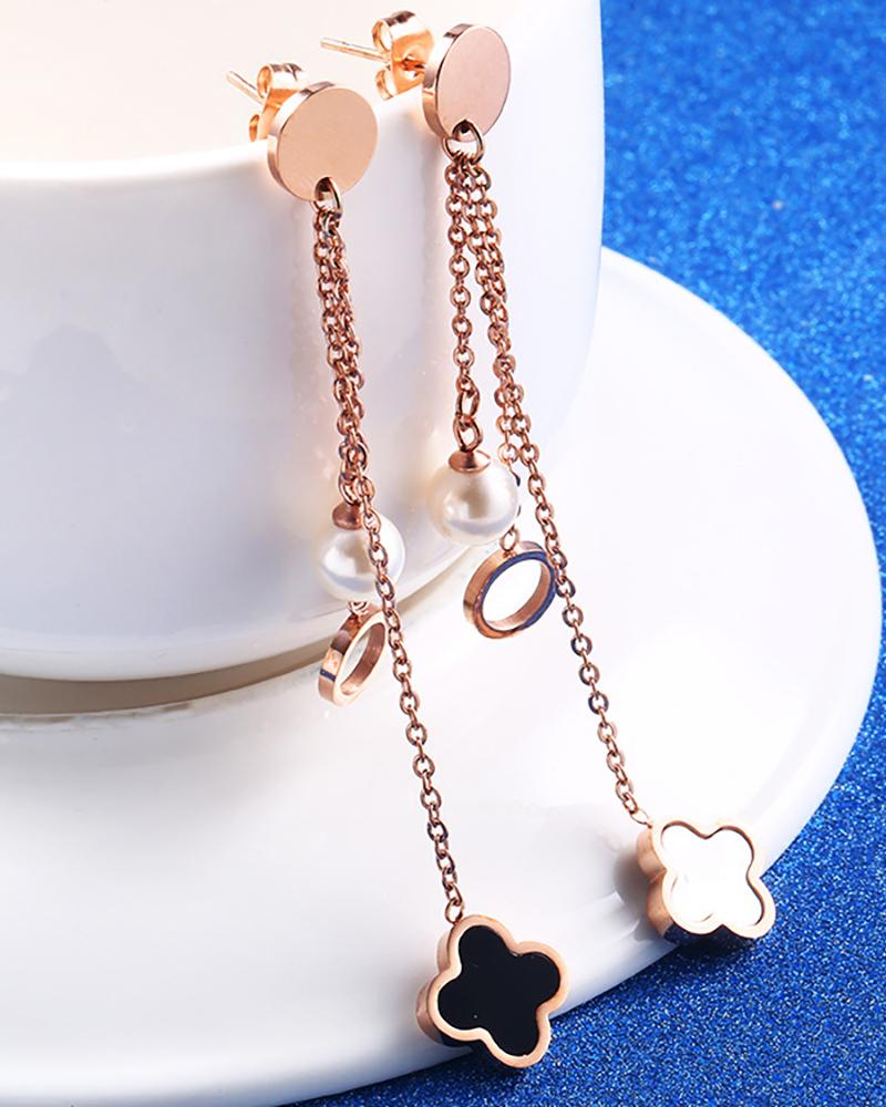 

Clover Pattern Beaded O-Ring Decor Drop Earrings, Gold